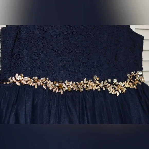David's Bridal Navy Blue Kids Dress with Gold Accents Size 8